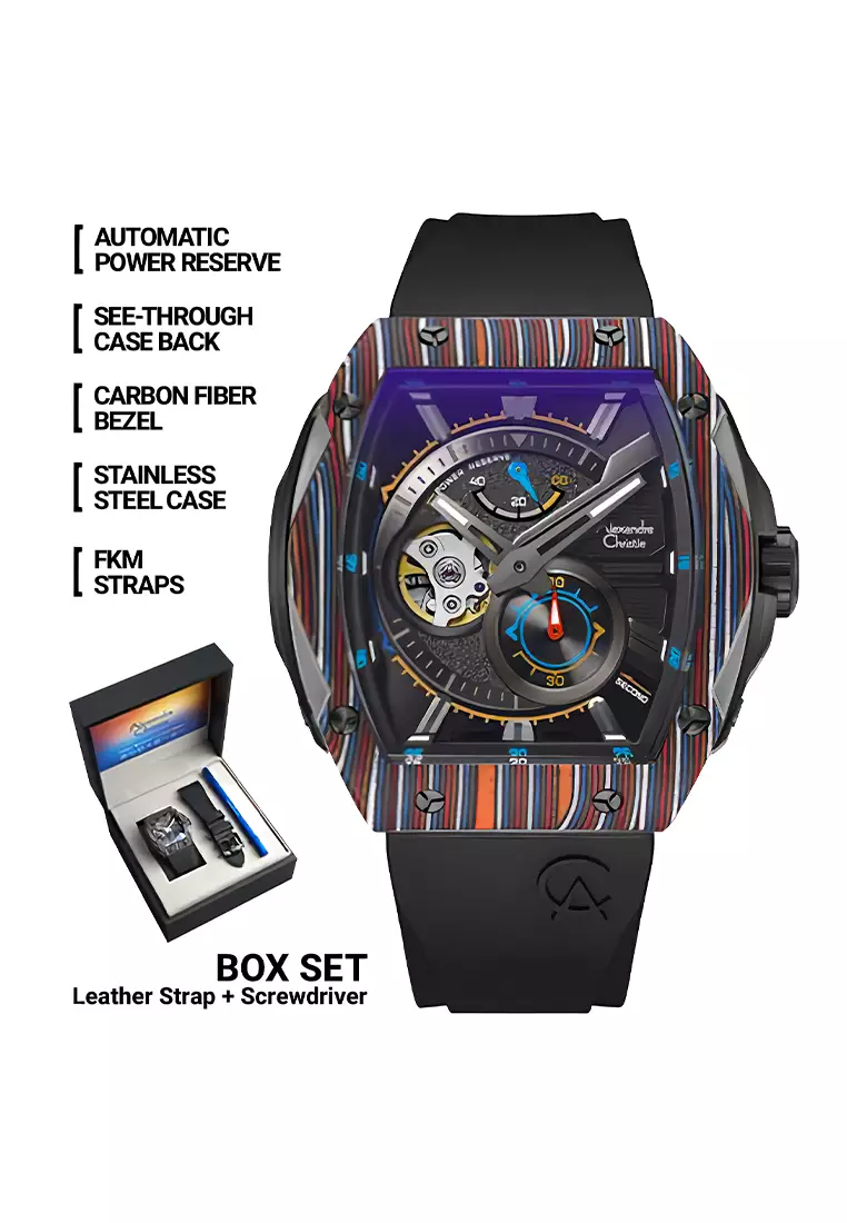 Jam Tangan Pria Alexandre Christie Automatic 6608 MAREPBANV - Carbon Fiber - FKM Strap