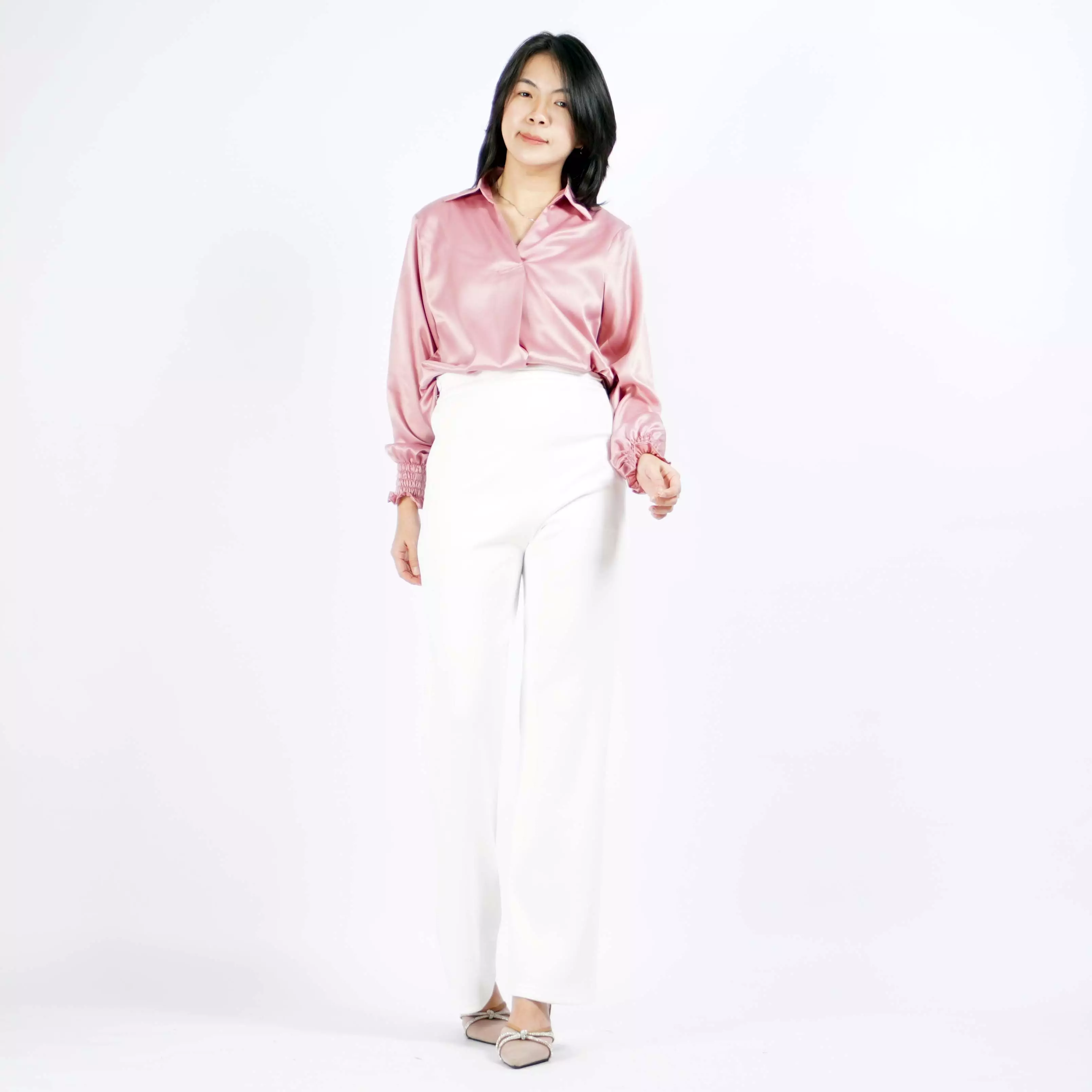 SAFIRE Top Satin Blouse Satin Gaya Korea Blus Elegan Krah V - Dusty Rose