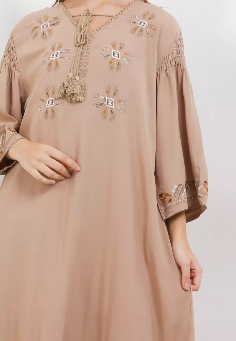 Asym Hem Emb Linen Smocked Detail On Sleeve Tunic