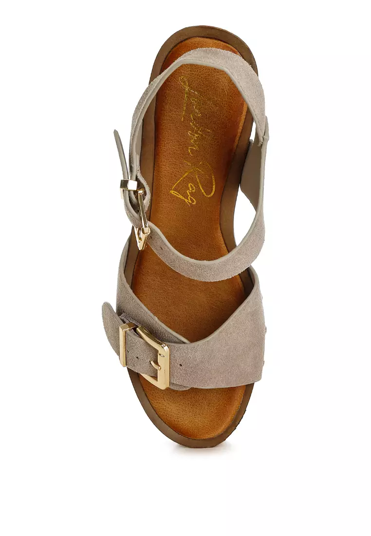 Real Suede Leather Clog Sandals In Beige