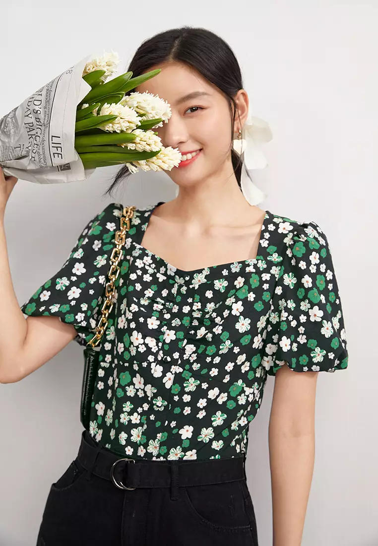 Puff Sleeve Square Collar Floral Blouse