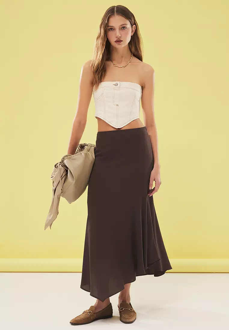 Flowy Fabric Hem Asymmetrical Midi Skirt