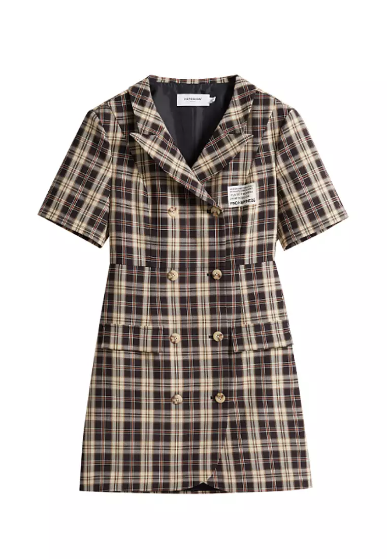 Vintage Plaid Double Breasted Smart Casual Midi Dress