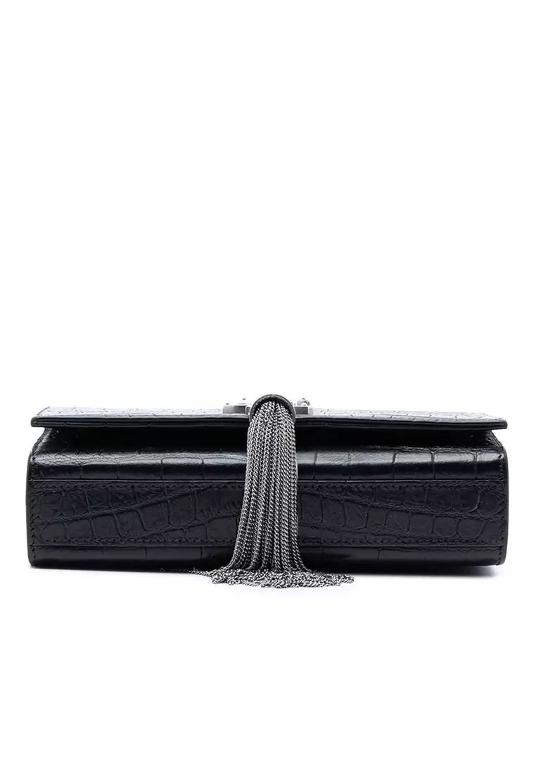 Pre-Loved Saint Laurent Small Croc Embossed Leather Monogram Kate Tassel Crossbody