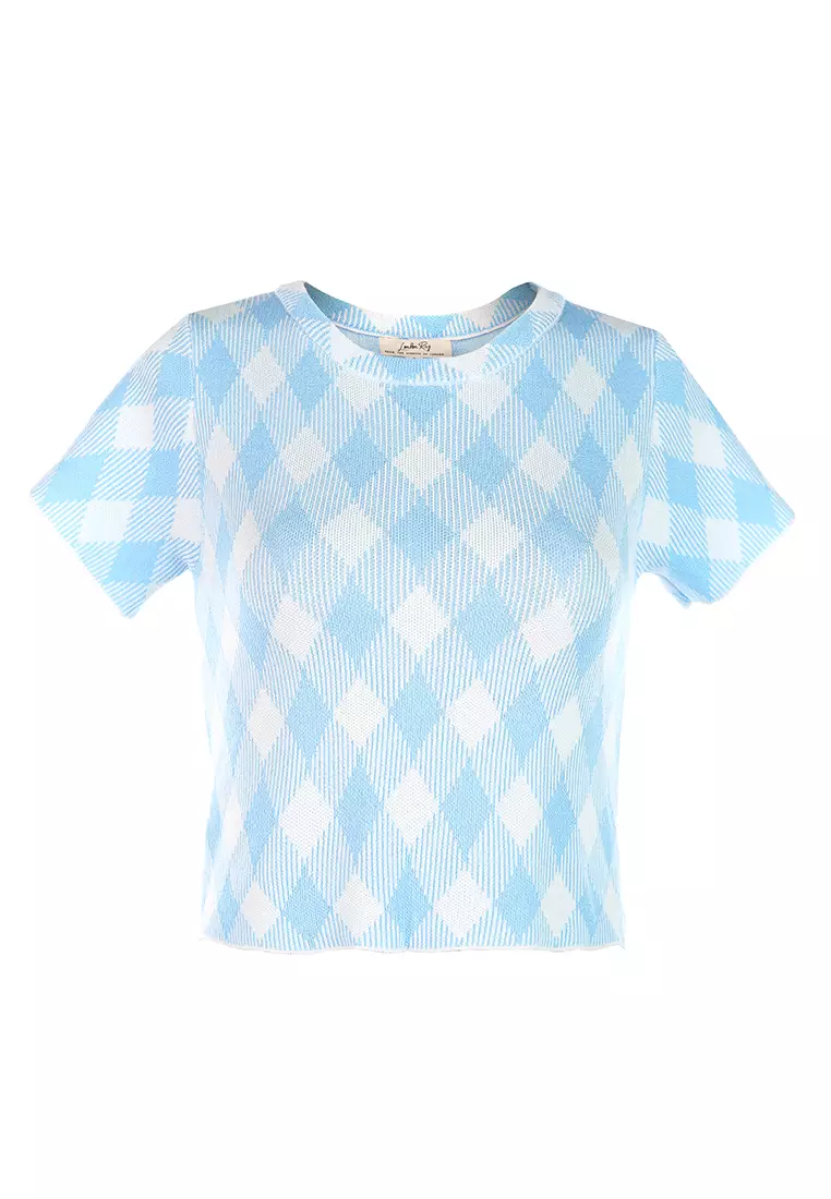 Crop Top Kotak-kotak Kasual Biru