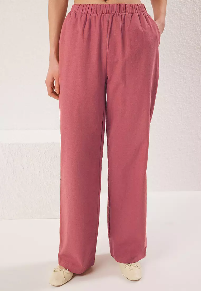 Pink Linen Look Crew Neck Blouse and Trousers Woven Double Bottom-Top Set TWOSS25AU00081