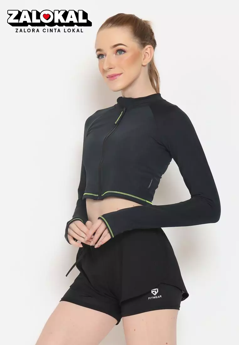 Fitwear - Jaket Crop Zip Front Olahraga Sepeda / Berenang ZENDAYA SLIMFIT LS - NEON