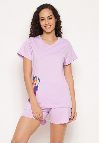 Clovia purple Clovia Pisces Print Top & Shorts Set in Lilac - 100% Cotton A5F6BAA5F1529AGS_1