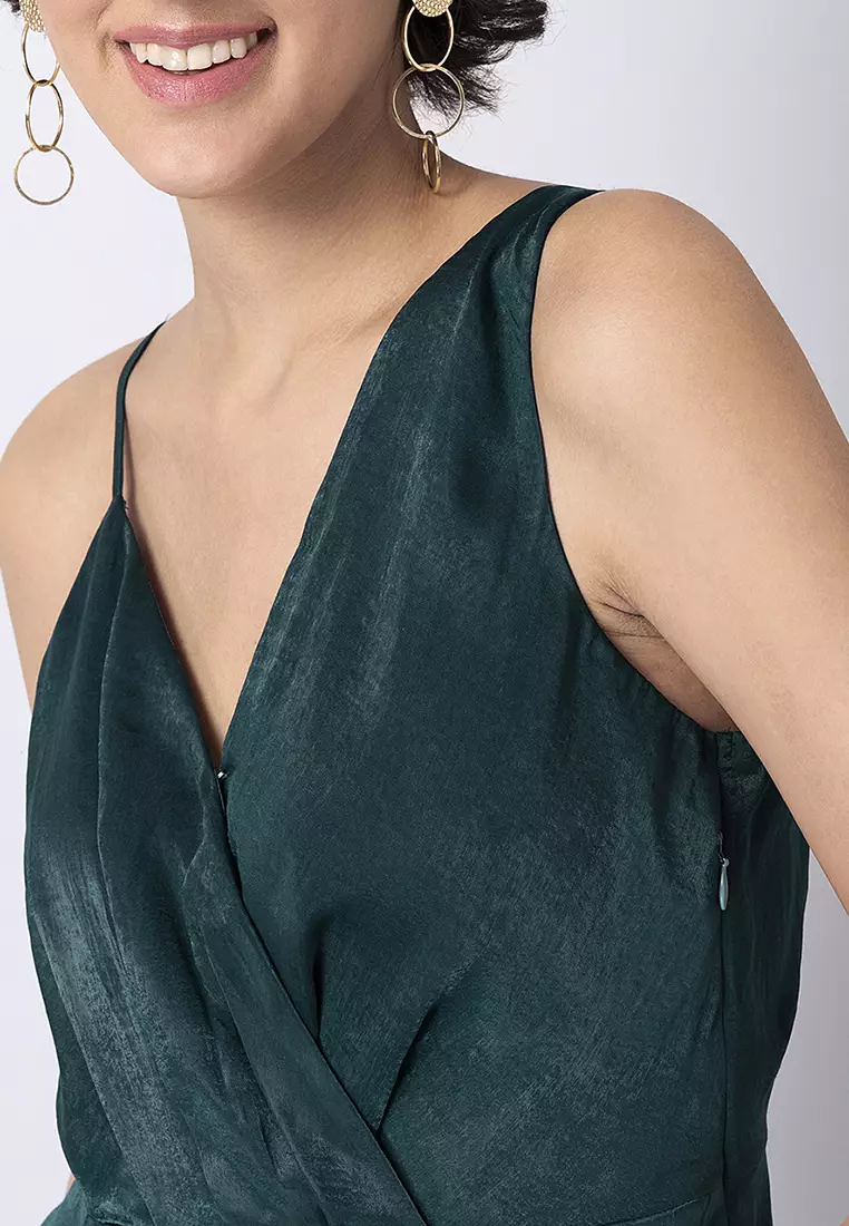Bottle Green Satin Overlap Asymmetric  Midi Dress