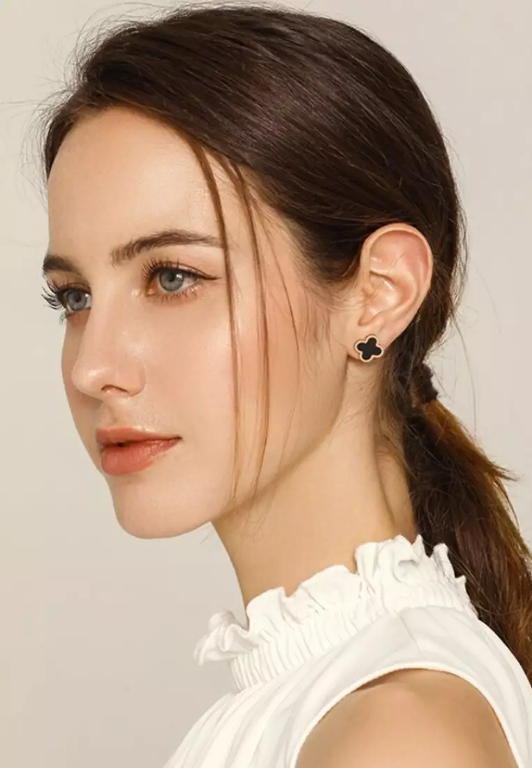 Adele Four Leaf Clover with Black Ceramic Inlay Stud Earrings (11mm) in Rose Gold