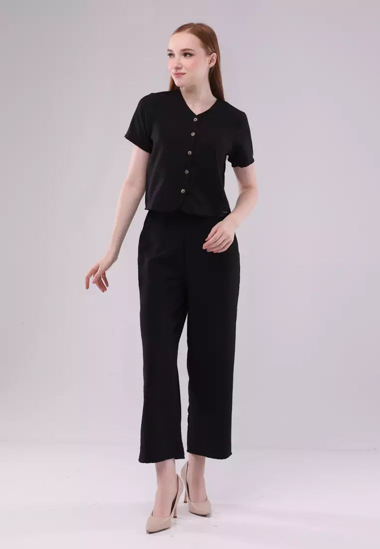 Plain Soft Wrinkled Woven Short Sleeves Terno Pants