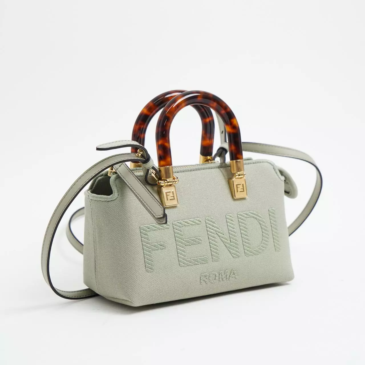 By The Way Mini - Light green canvas small Boston bag with Fendi Roma  embroidery