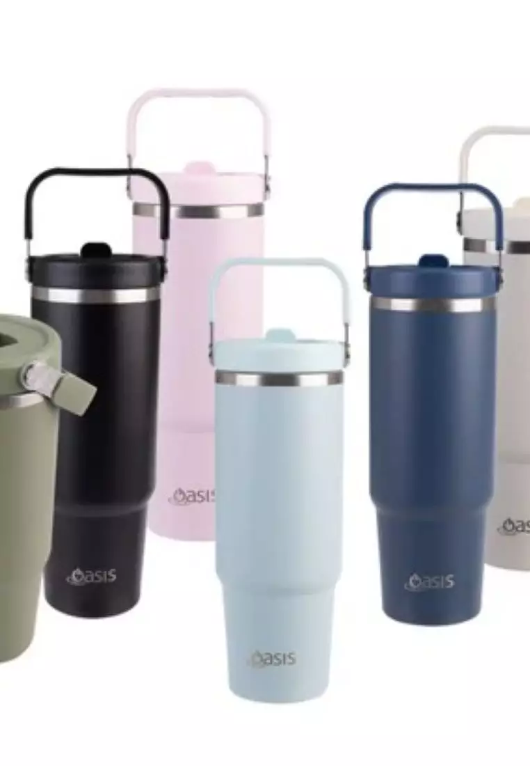 Oasis Stainless Steel Insulated Voyager Carry Tumbler With Sipper Straw 900ML - Olive Green