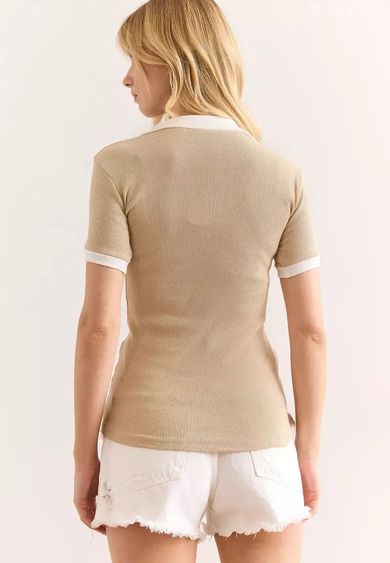 Polo Neck Color Detailed Stretchy Cotton Blouse