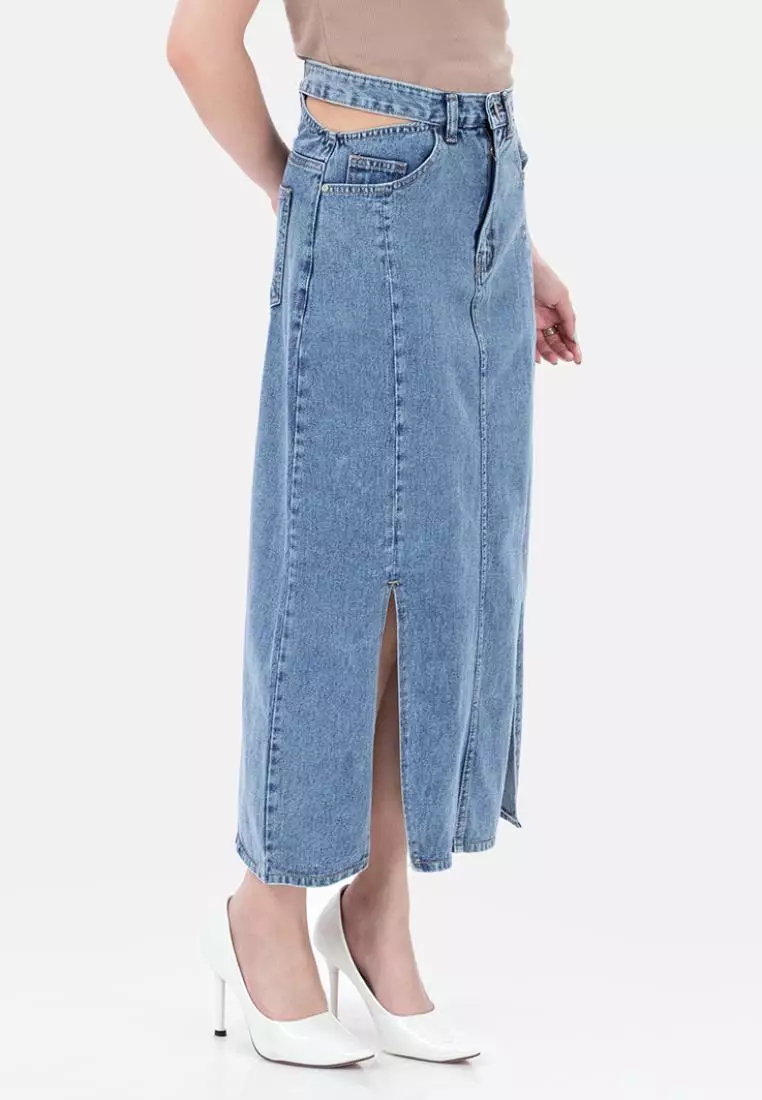 Luna Cut Out Midi Denim Skirt