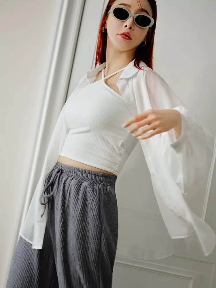 Crinkle-textured drawstring straight-leg wide pants [BA7626]