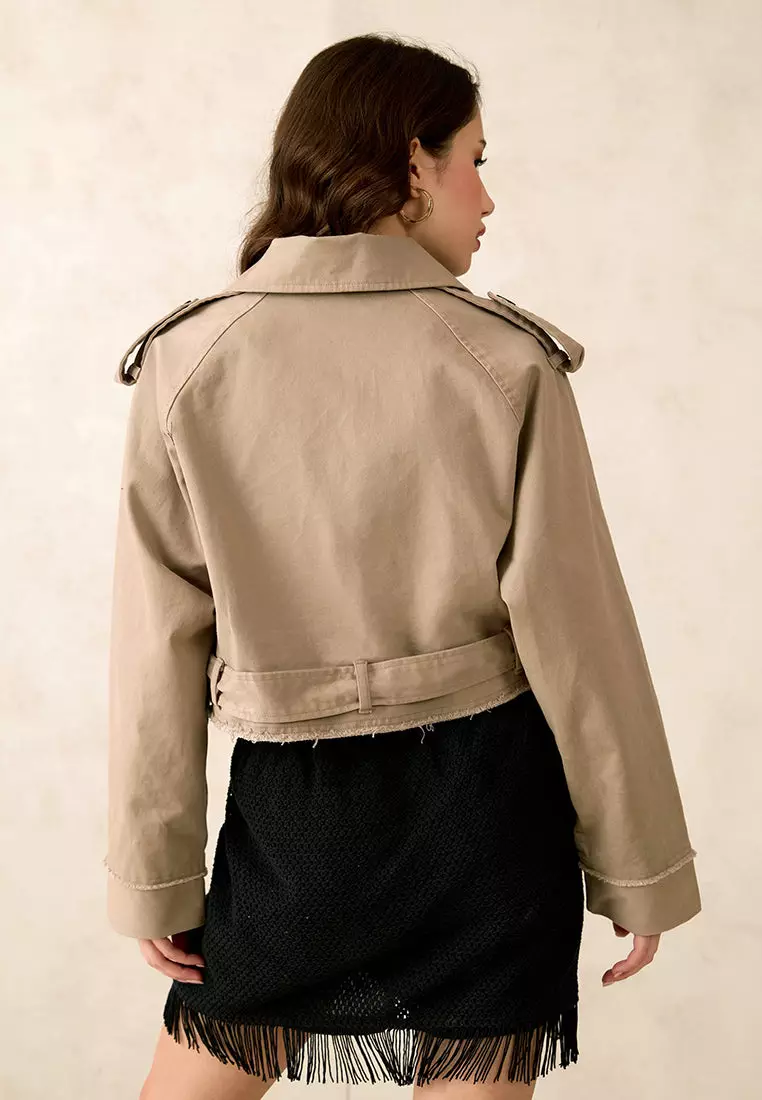 VIRGIO Cotton Stretch Beige Crop Trench Coat