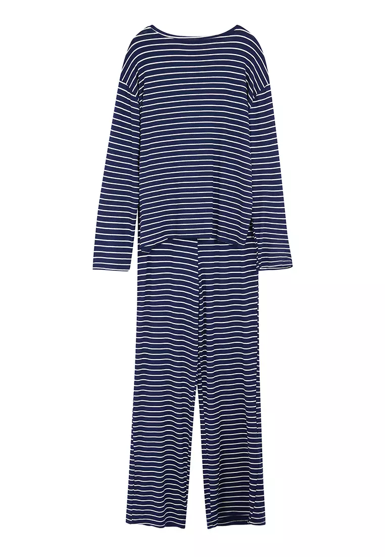 Navy Blue Striped Rainbow Printed Viscose Knitted Pajama Set THMAW25PT00014