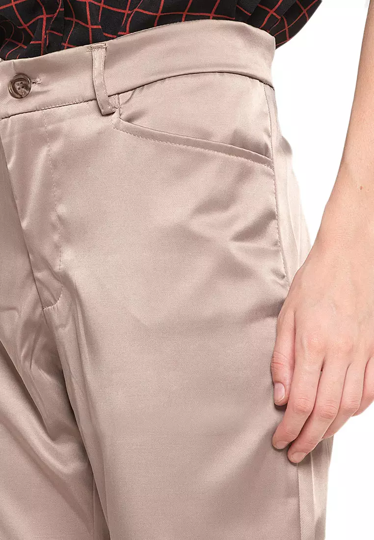 Jane Celana Kerja Trousers Motif Solid Bawahan Wanita Regular Fit - Cream
