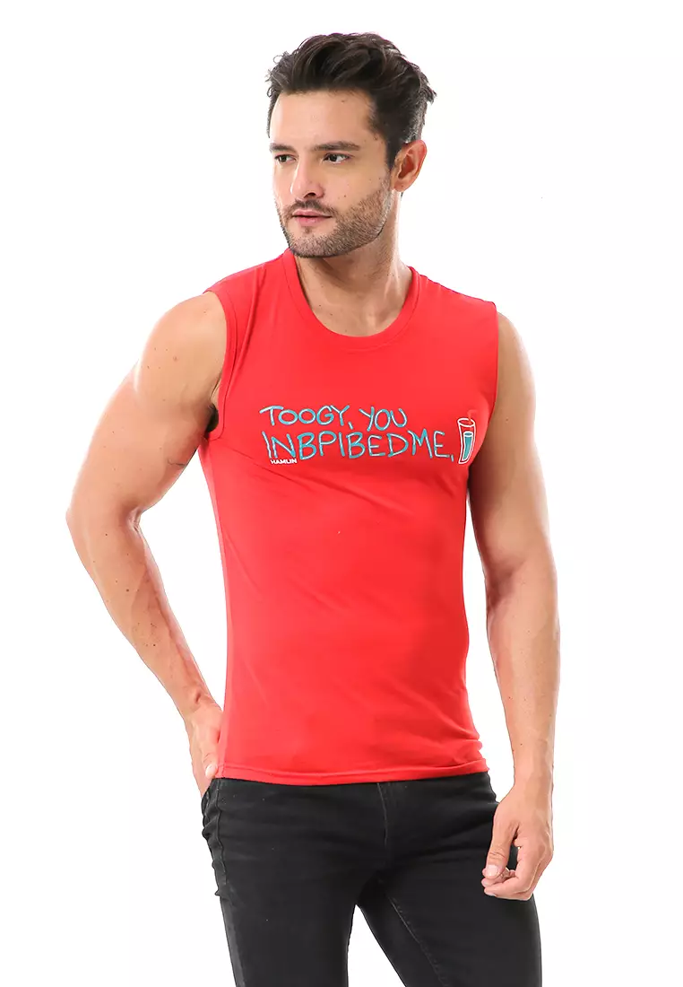 Bobby Atasan Kasual Pria Singlet Motif Toogy You Sleeveless Tshirt Material Cotton ORIGINAL - Red