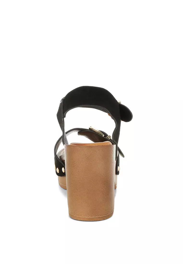 Real Suede Leather Clog Sandals In Black