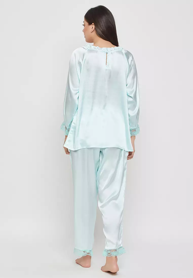 Clovia Chic Basic Top & Pyjama Set in Baby Blue - Satin