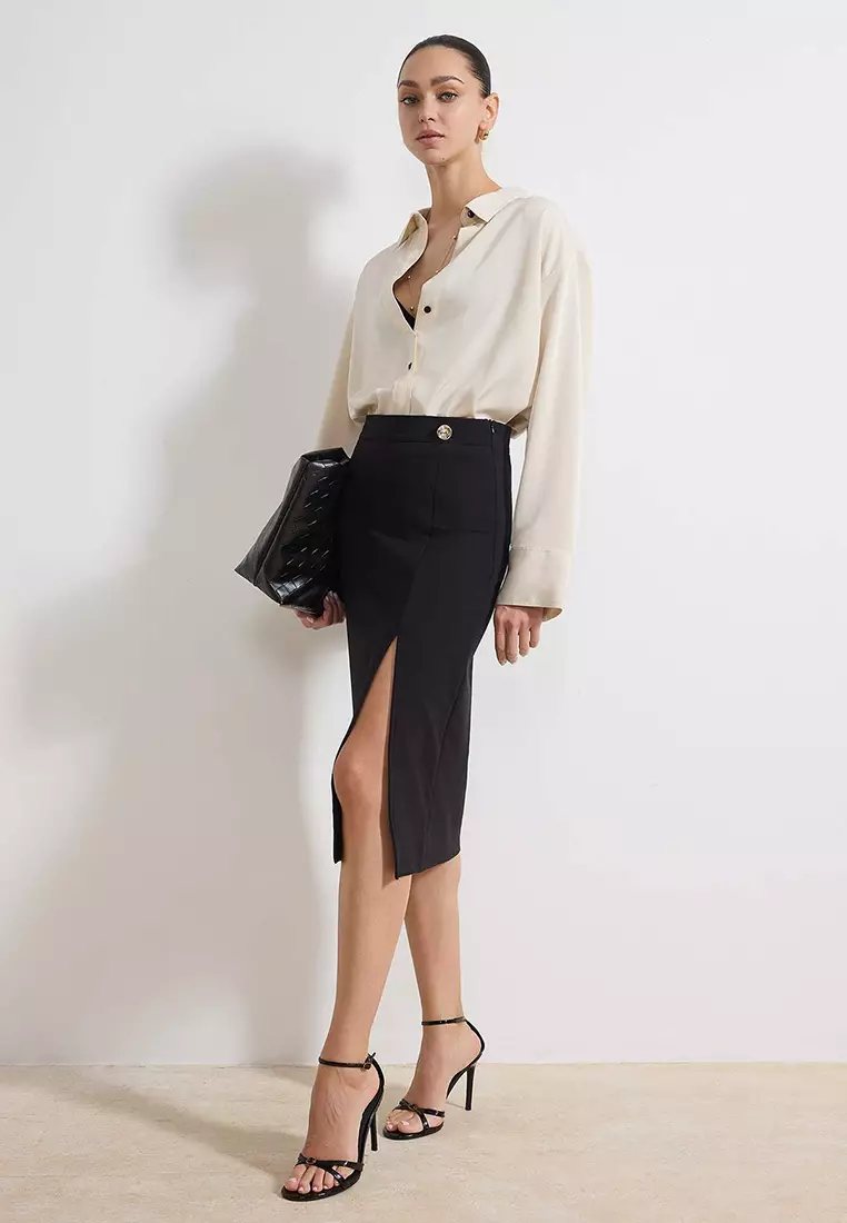 Black Pencil Accessory Detailed Regular Waist Midi Scuba Crepe Knitted Skirt Twoss26Et21