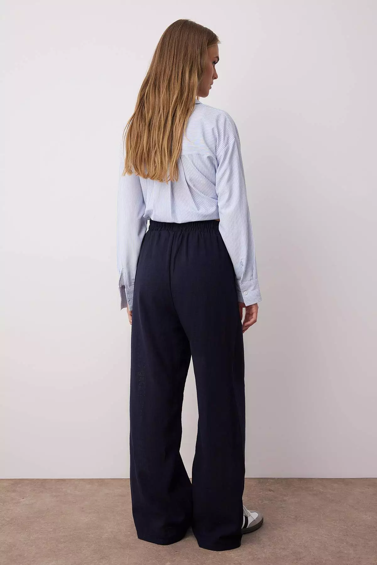 Navy Blue Linen Look Wide Leg Shorts Lined Elastic Waist Pants