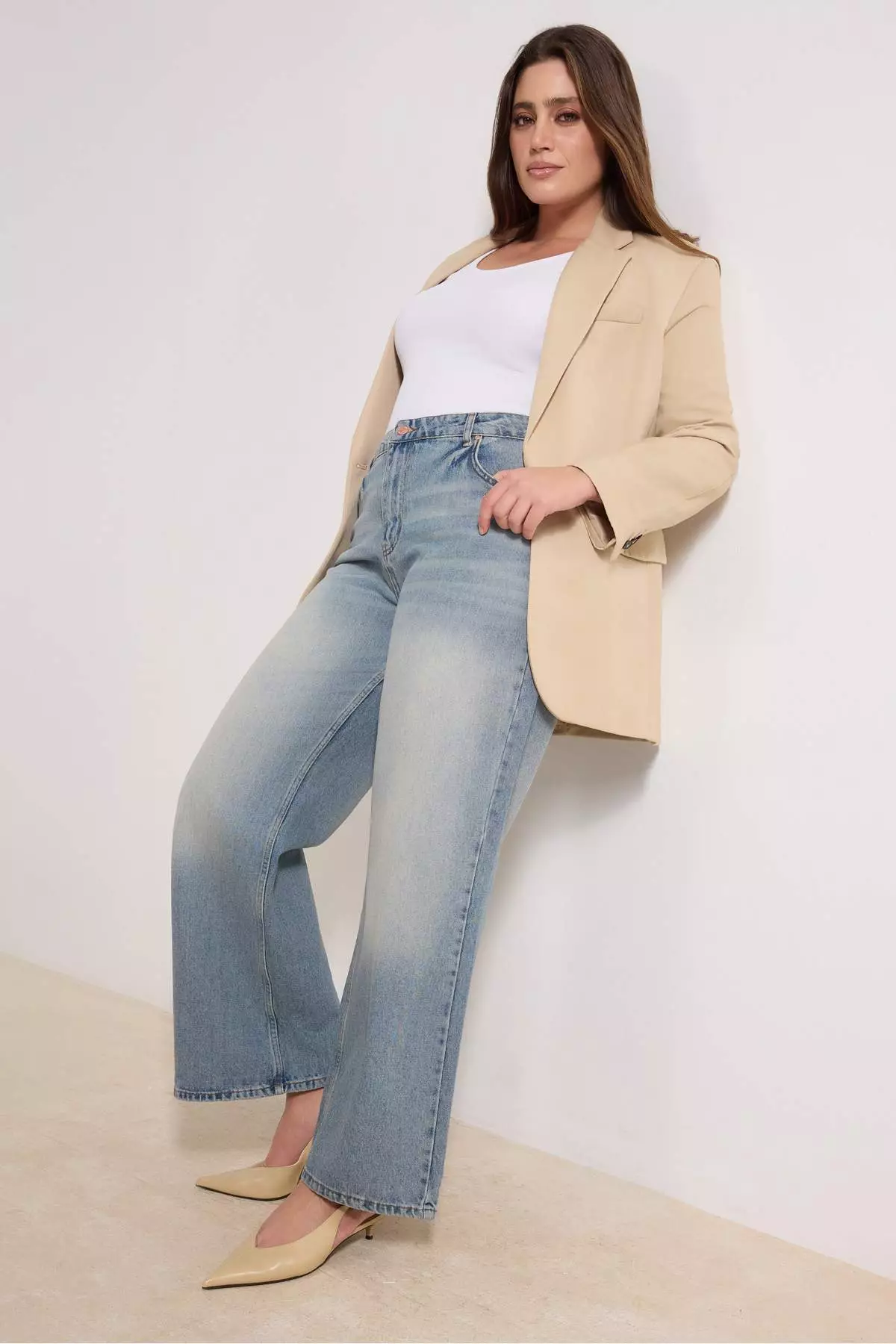 Blue High Waist Wide Leg 100% Cotton Plus Size Jeans Tbbaw26Cj00060
