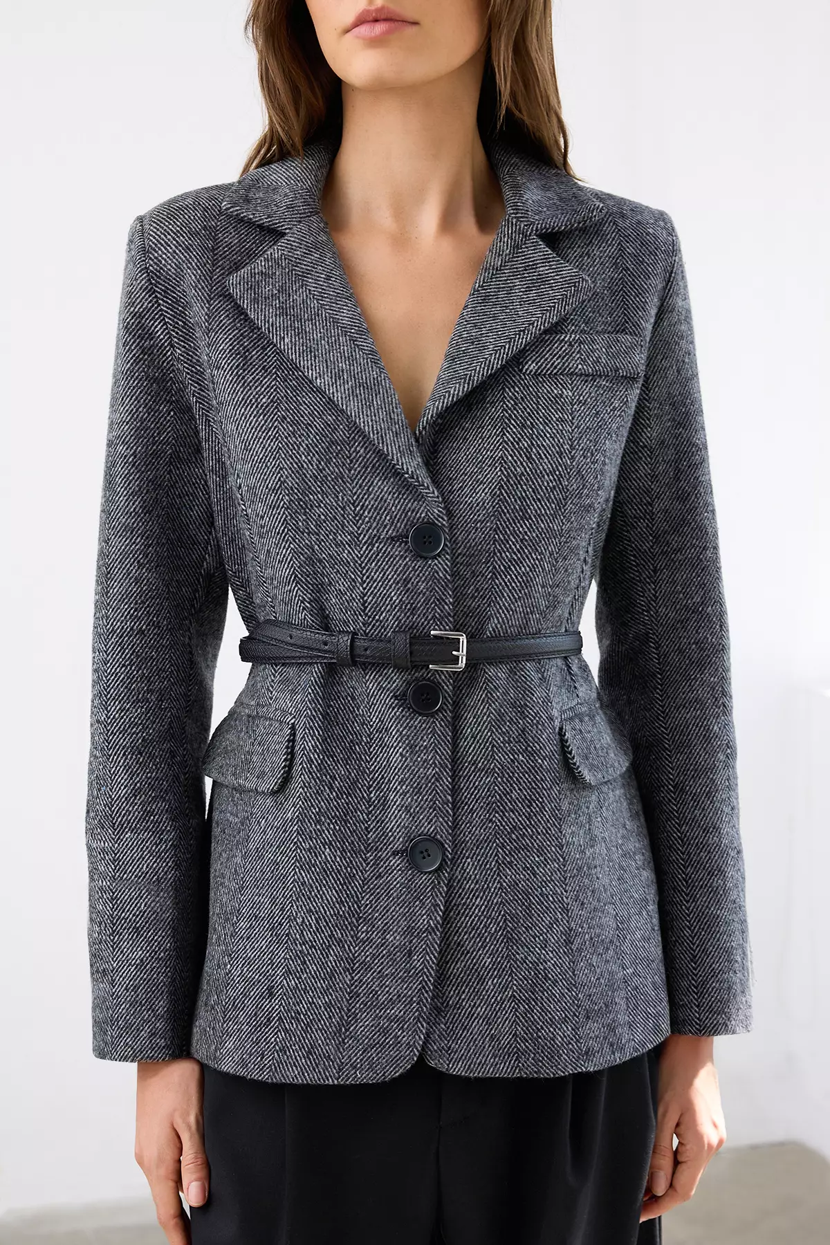 Anthracite Self-Belted Herringbone Woven Cashmere Blazer Jacket