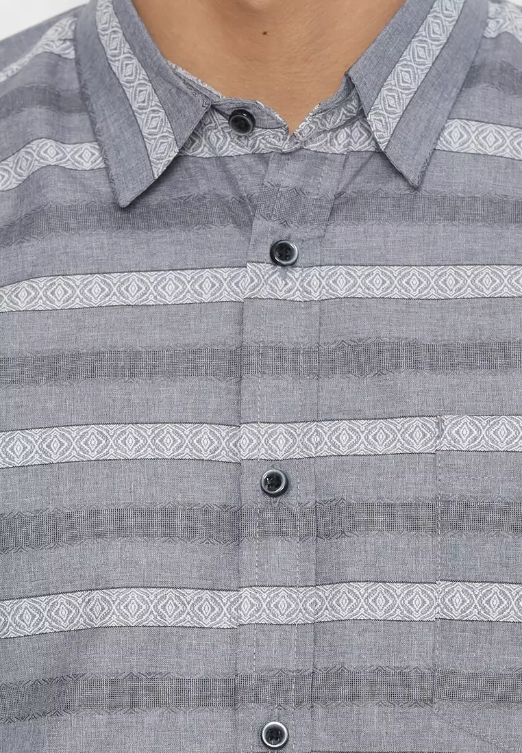 POLICE Kemeja Salur Printing Biru Abu Regular Fit Pria