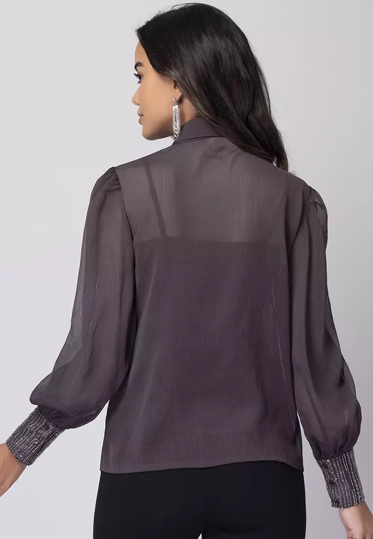 Buy FabAlley Brown Embellished Bow Collared Shirt Online | ZALORA Malaysia