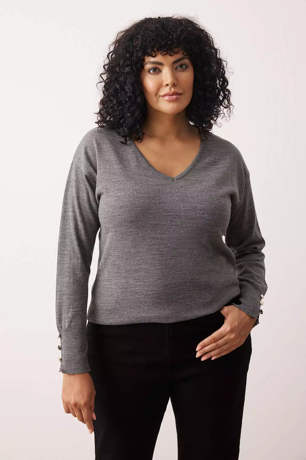 Anthracite V-Neck Button Detailed Knitwear Sweater Tbbaw23An00043