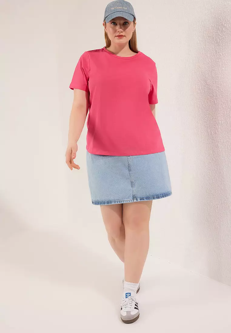 Pale Pink Regular Fit Basic Crew Neck 100% Cotton Knitted Plus Size T-Shirt Tbbss22Ts0733