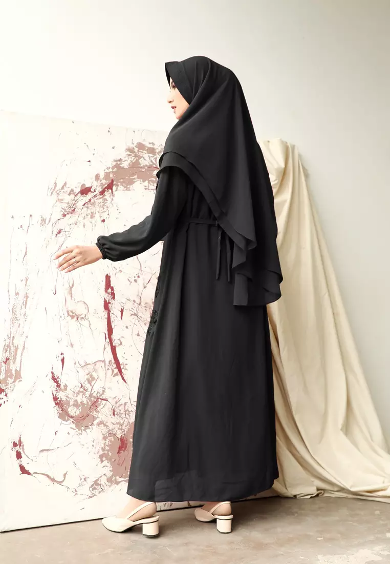 Elwisa Dress | Gamis Khimar Brukat | Long Dress - Shine Black