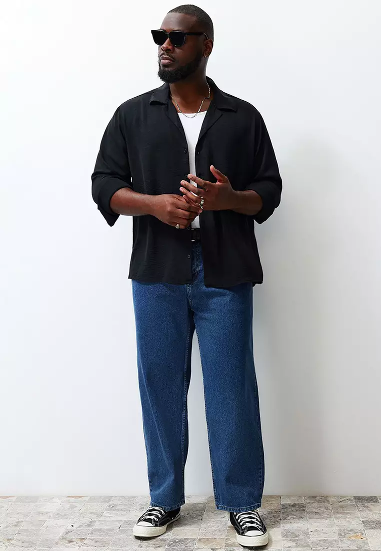 Black Regular Fit Open Collar Summer Linen Look Plus Size Shirt TMNSS24AX00012