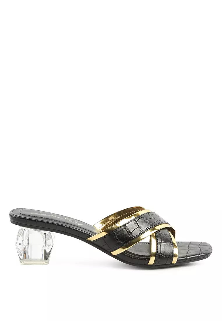 Discount on London Rag  shoes - SKU: Gold Line Croc Textured Low Heel Sandals In Black