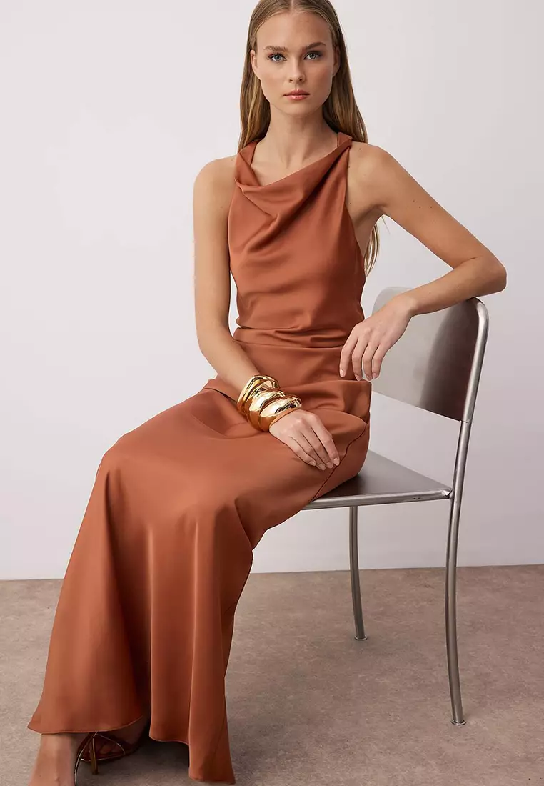 Brown Body Fitting Satin Maxi Evening Dress