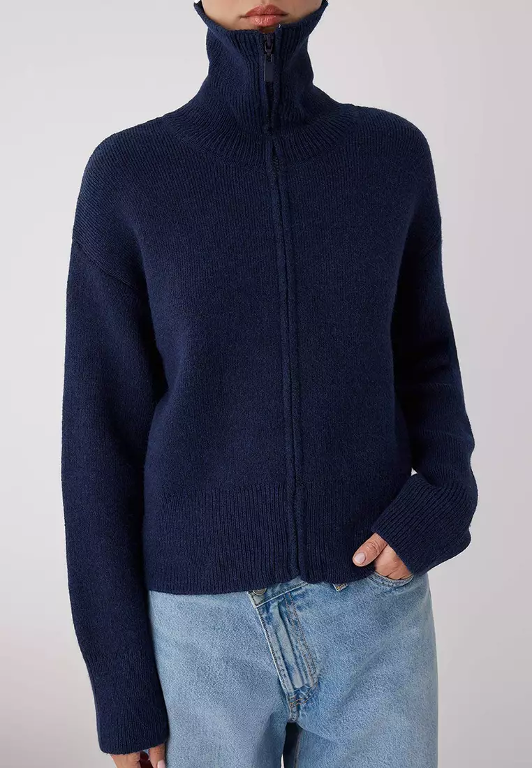 Navy Blue Turn Down Collar Soft Texture Wide Fit Zippered Knitwear Cardigan
