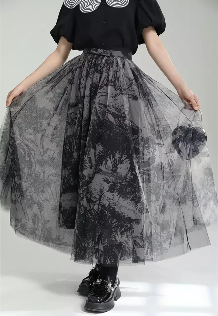 2024 Half skirt mesh print two-piece set summer A-line high waisted mid length skirt CA24030105BK