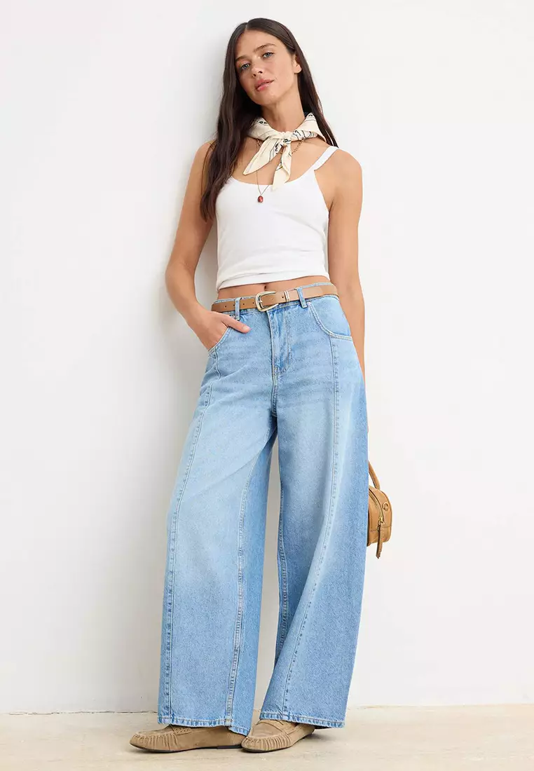 Light Blue Draped High Waist Baggy Jeans With Stitching Detail Twoss26Je8