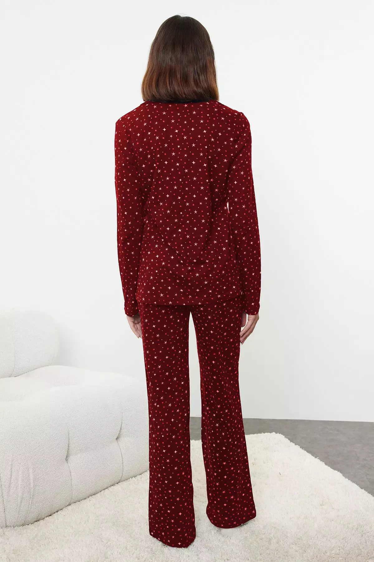 Claret Red 100% Cotton Galaxy Patterned Knitted Pajama Set