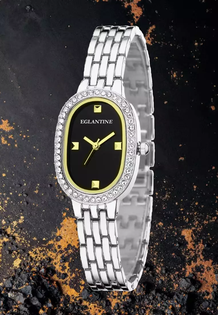 La Niçoise Ladies Silver Color Alloy Quartz Watch, Black Dial, Stainless Steel Bracelet