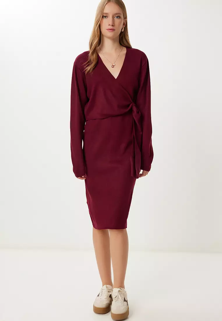 Women's Burgundy Double Breasted Collar Knitwear Dress Pf00115