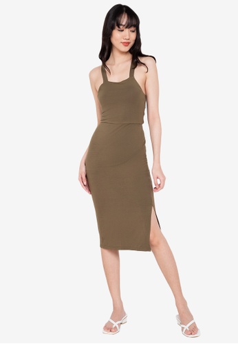 ZALORA BASICS green Tie Back Midi Dress 29E6AAAB62DAFCGS_1