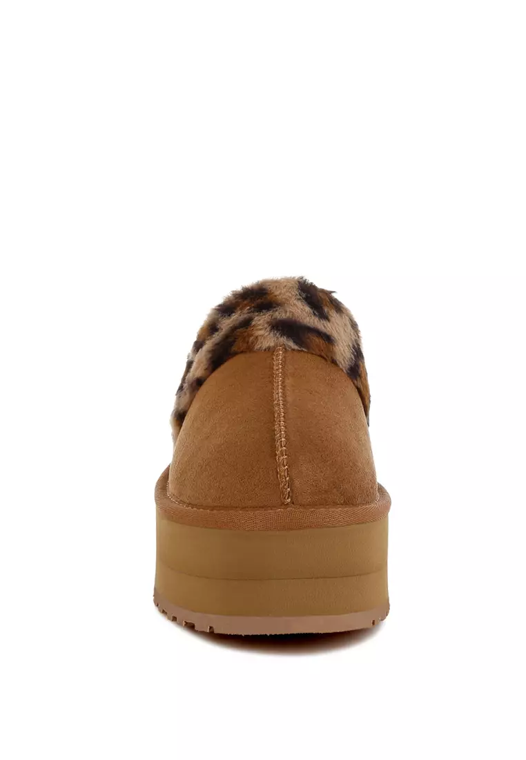 Leopard Print Faux Fur Platform Classic Slingback in Tan