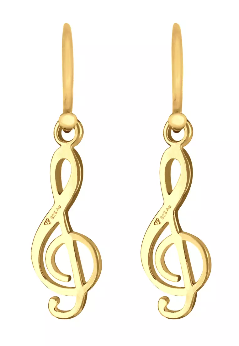 Anting Perhiasan Perak 925 Wanita Ear Hanger Music Clef Cut-Out Gold Plated