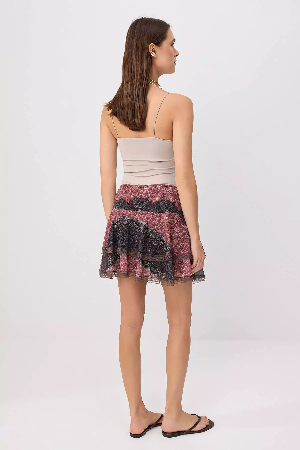 Brown Shawl Pattern Shorts Skater Lace Detailed Regular Waist Mini Tulle Knitted Skirt Twoss26Et00091