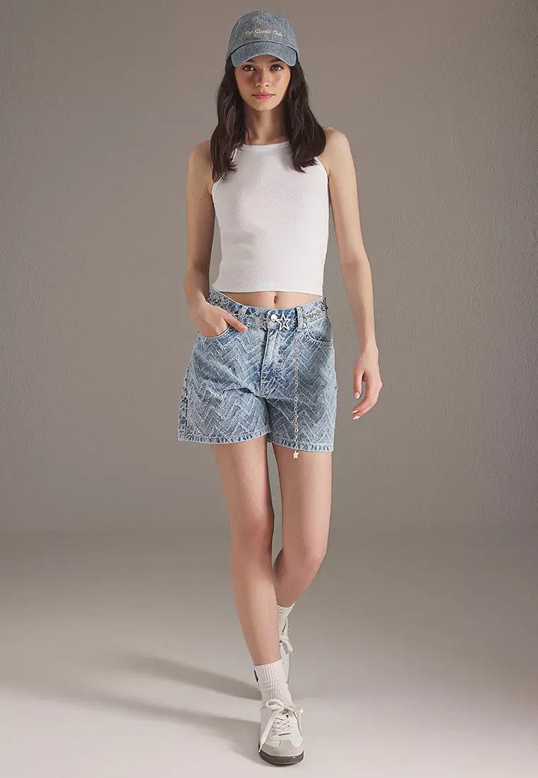 Light Blue Tassel Detail High Waist City Boy Denim Shorts TWOSS25SR00145