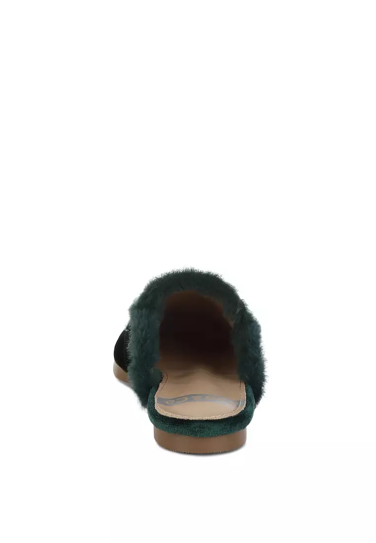 Fur Detail Velvet Slip-On Mules in Bottle Green